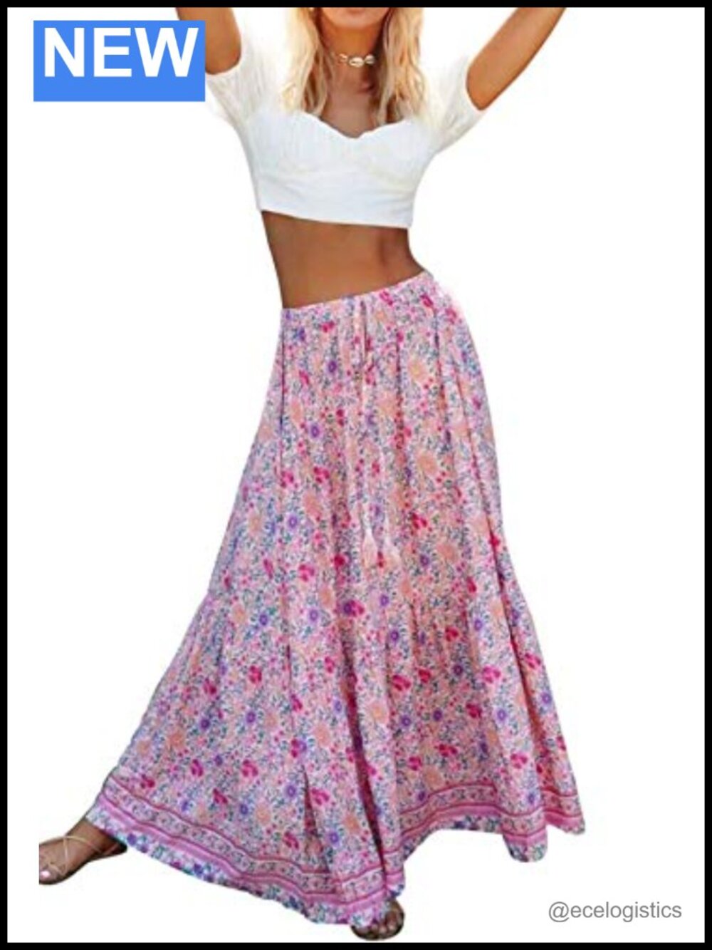 Women's Boho Floral Print Ruffle Flowy Maxi Skirt